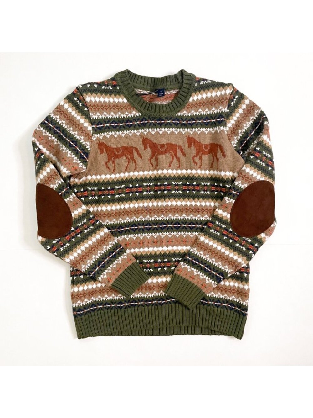 Janie and Jack Boys Bronze Green Horse Fair Isle Sweater, Size 10
